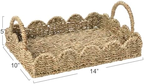 Household Essentials Seagrass Decorative Tray with Scalloped Edge, Handwoven Natural Wicker Organizer Basket with Handles & Iron Frame for Coffee Tables, Bathrooms & Countertops