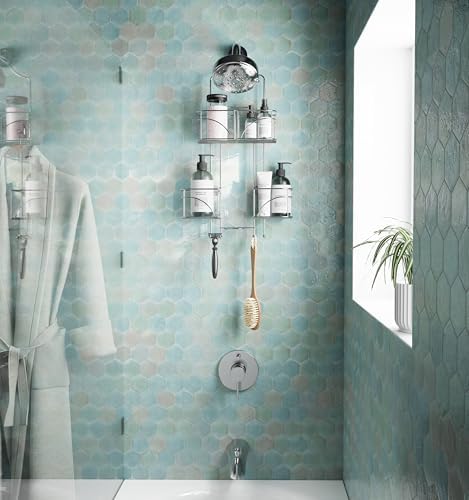 Zenna Home Shower Caddy Hanging Bathroom Organizer, Steel Shower Shelves with 4 Sliding Baskets and Built in Hooks, Accomodates Hose for Handheld Shower Head Storage System, Chrome