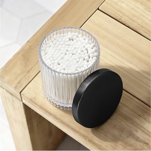 2 Pack Qtip Holder Dispenser with Metal Lids | Ribbed Glass Canister Set for Bathroom Vanity (Black 2 Pcs)