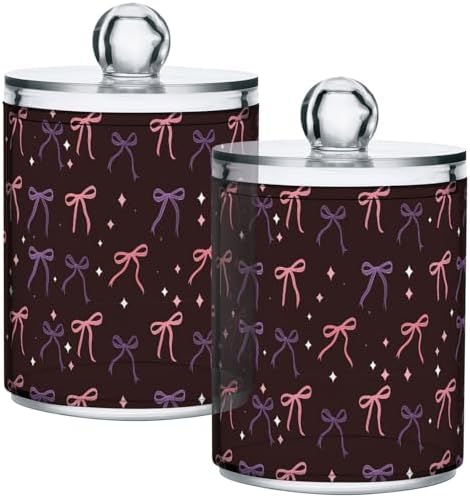 Gredecor 4 Pack Qtip Holder Clear Pink Purple Bows on Brown Apothecary Jars with Lids Acrylic Bathroom Jars Vanity Countertop Canister Storage Organizer for Cotton Ball,Swabs,Pads,Floss