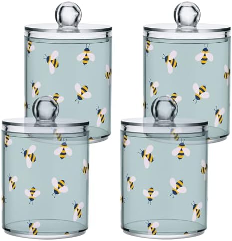 Bee Animal Cartoon 4 Pack Plastic Qtips Holder Bathroom Organizer Canisters for Cotton Balls/Swabs/Pads/Floss,Plastic Apothecary Jars for Vanity