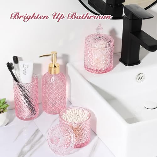 RYTOXILO Pink Bathroom Accessories Set, 4 Pack Pink Bathroom Decor Accessory Sets Complete, Diamond Glass Soap Dispenser and Toothbrush Holder Set for Bath Counter Organizer Essentials