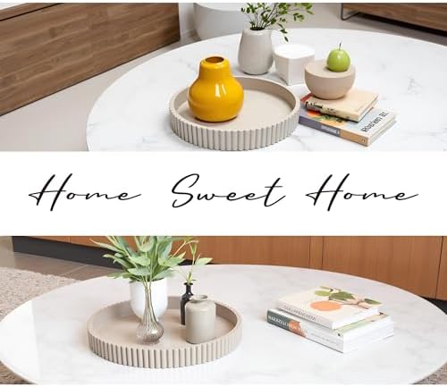 Modern Table Round Decorative Trays 2pcs Home Decor - Circle Coffee Table Centerpiece Set 12"/10" - Wooden Warm Grey Ottoman Tray with Fluted Edge