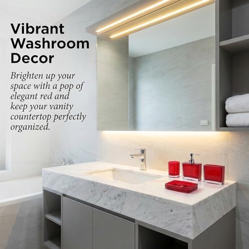 Bathroom Accessories Set, Acrylic Bathroom Accessory Set with Soap Dispenser,Soap Dish, Toothbrush Holder, Tumbler, Modern Bathroom Accessories Decor,Gift for Home (Red-5)