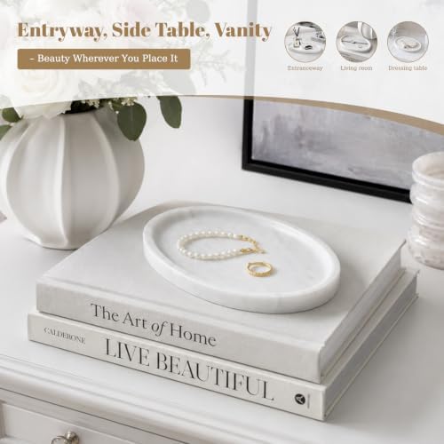 Koville Carrara Marble Tray, Oval Vanity Decorative Marble Tray for Home, Countertop Organizer, Catchall Tray for Perfume, Candles, Jewelry