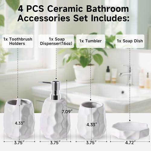 Ceramic Bathroom Accessories Set 4 PCS,Include 16 oz Soap Dispenser,Toothbrush Holder,Tumbler,Soap Dish,Textured Bathroom Counter Set (White)