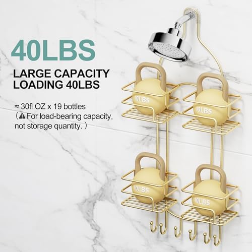 SRIWATANA Shower Caddy Hanging, Shower Organizer with Razor Hooks, Gold