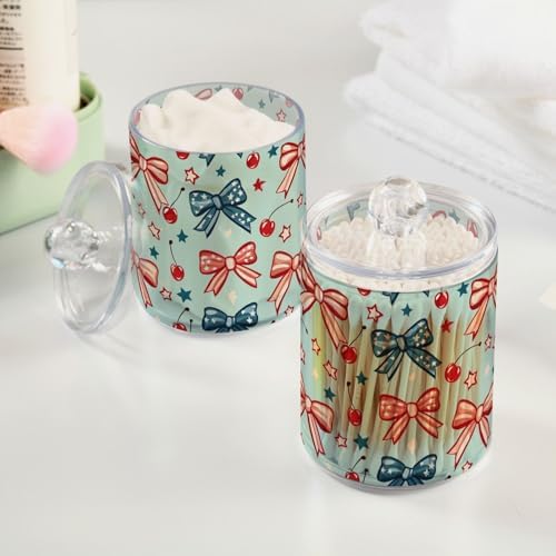 Gredecor 2 Pack Qtip Holder Clear Patriotic Red Blue Bows Cherry Star Apothecary Jars with Lids Acrylic Bathroom Jars Vanity Countertop Canister Storage Organizer for Cotton Ball,Swabs,Pads,Floss