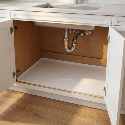 BASIN - Heavy Duty Under Sink Mat - The Original Silicone Under Sink Mats for Kitchen Waterproof - Under Sink Tray for Kitchen Waterproof - Under Sink Cover Kitchen Cabinet Liner White 34x22