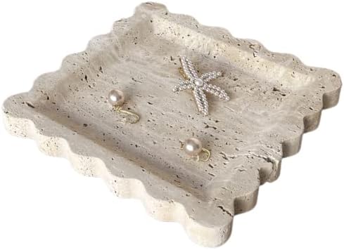 Vintage Natural Marble Tray Small Ornaments Scalloped Tray Handmade Storage Dish for Counter, Vanity, Dresser, Nightstand and Desk (Beige Travertine)