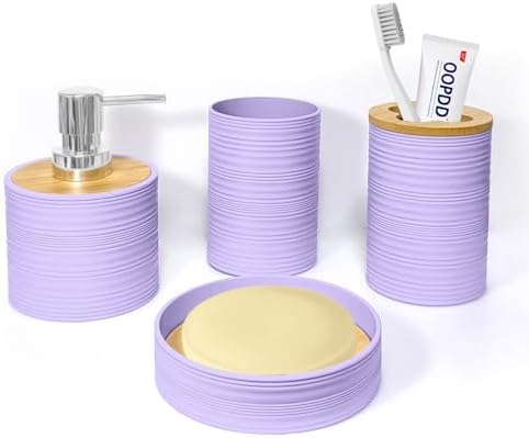 Bathroom Accessories Set 4 PCS, Purple Bamboo Bathroom Sets Accessories