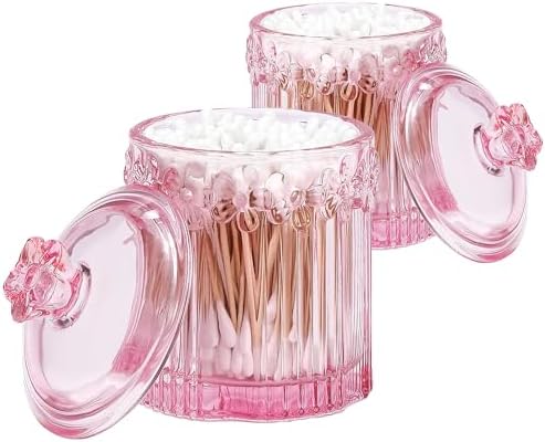 2 Pack Qtip Holder Glass Bathroom Storage Canisters for Cotton Rounds, Apothecary Jars with Lids, Cute Crystal Beauty Eggs Makeup Pads Dispenser, Candy Container Floss Organizers (Pink)