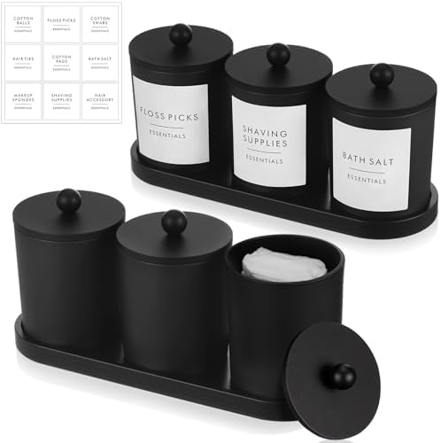 Chengu 6 Pack Cotton Swab Holder with Bamboo Lids and Trays and Labels Glass Round Swab Dispenser Cotton Ball Holder Glass Apothecary Jars Floss Pick Containers Bathroom Organizers(Black)