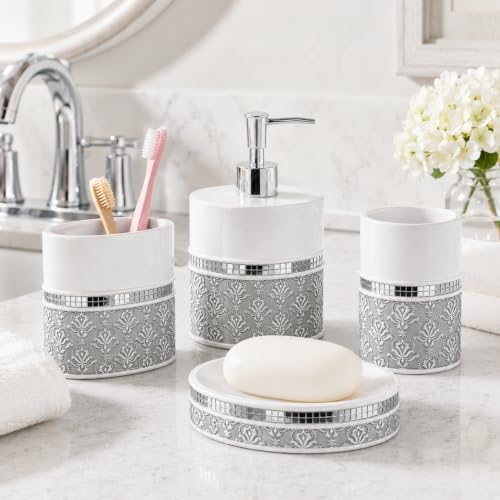 Creative Scents Mirror Damask 4 Piece Resin Bathroom Accessories Set