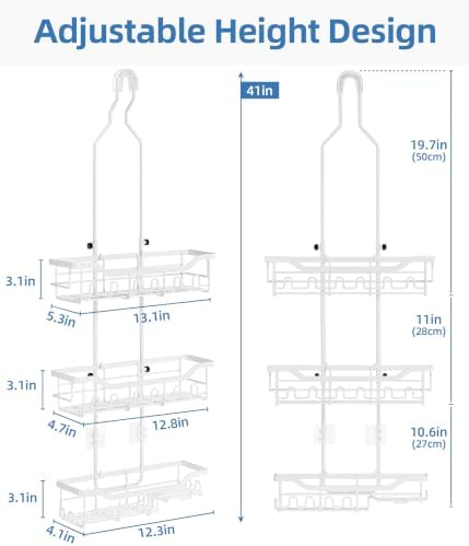 Adjustable Shower Caddy Hanging, Extended Length Organizer Over Shower Head, 3 Tier Long Neck Shower Rack with Soap Holder for Large Storage, White