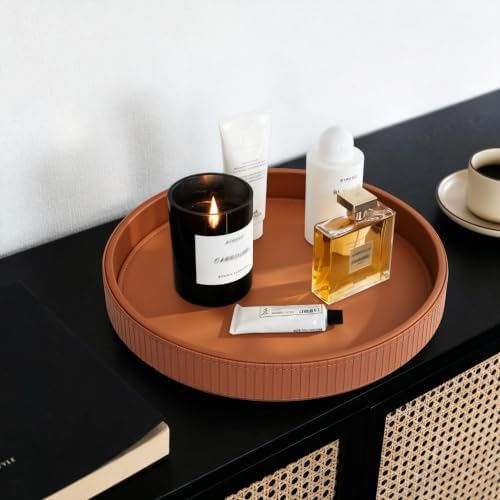 HofferRuffer Round Decorative Tray, Faux Leather Vanity Tray Decor, Decorative Catchall for Perfume, Bathroom Valet, Nightstand or Dresser (Brown Stripe, 12")