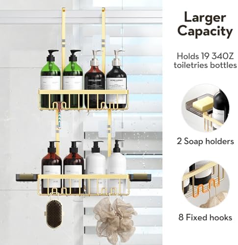 Over the Door Shower Caddy Hanging With Double Soap Holder Never Rust Aluminum Shower Shelf With 4 Hooks Hanging Bathroom Organizer No Drilling Shelves for Bathroom Storage Gold