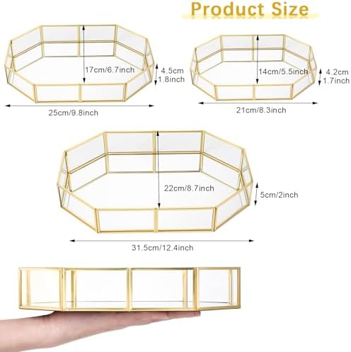 Jetec 3 Pieces Mirror Glass Vanity Tray Gold Ornate Makeup Tray Metal Vintage Octagonal Perfume Dresser Trays for Bedroom Home Decor Dresser Hotel, 3 Sizes