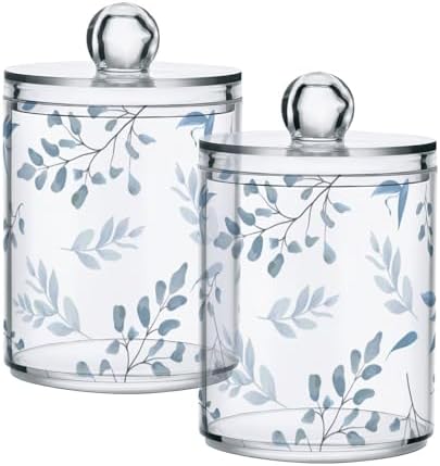 Light Blue Leaves Qtip Holder 2 Pack - 10 Oz Clear Plastic Apothecary Jar Set for Bathroom Organization - Versatile Canister Storage for Cotton Balls, Swabs, Rounds