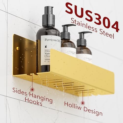 Qeke Shower Caddy, 12" Bathroom Shelf Organizer with 2 Hooks, SUS304 Stainless Steel Floating Shelves with Large Capacity, Rustproof Rack for Inside Shower, Brushed Golden