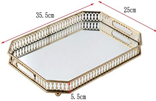 Vintage Gold Mirror Tray,Rectangle(13.8x9.8in) Ornate Geometric Brass Plated and Glass Display Storage Organizer,Jewelry Perfume Makeup Organizer Tray, for Dresser, Bathroom, Bedroom