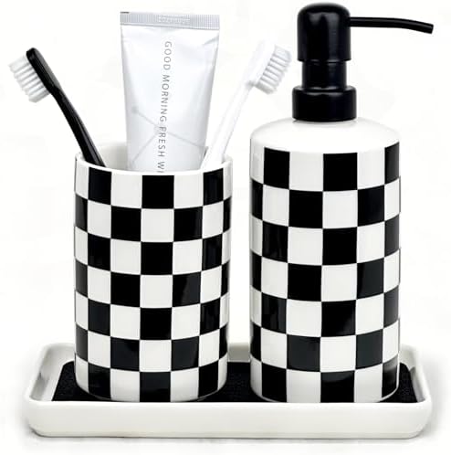 Bathroom Toothbrush Holder Set, Ceramic Soap Dispenser and Tooth Brush Holder Set, Bathroom Accessories Sets Countertop, Black and White Checkered Bathroom Decor Set
