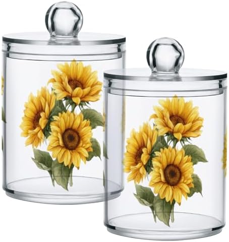 Gredecor Qtip Holder Dispenser 2 Pack Yellow Watercolor Sunflowers Bathroom Decorative Storage Canister Holder Counter Vanity Organizer for Cotton Ball Swabs Pads Floss