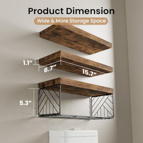 BAYKA Rustic Brown Floating Bathroom Shelves, 15.7in, 3Pk, Wall Mount Shelf