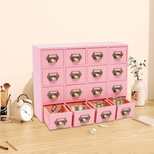 16 Drawers Apothecary Cabinet Library Card Catalog Cabinet Card Catalog Drawer with Metal Handles & Label Slot Wooden Desk Drawer Organizer for Herb Storage, Tea Collection (Pink)