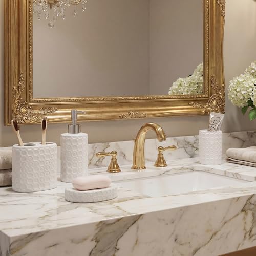 White Ceramic Bathroom Accessories Set, 4 Piece, Honeycomb Design with Soap Dispenser Pump, Tumbler, Toothbrush Holder, Soap Dish