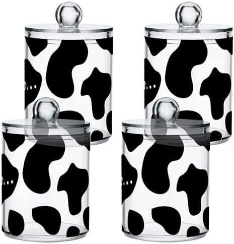 Cow Print Red Heart 4 Pack Plastic Qtips Holder Bathroom Organizer Canisters for Cotton Balls/Swabs/Pads/Floss,Plastic Apothecary Jars for Vanity