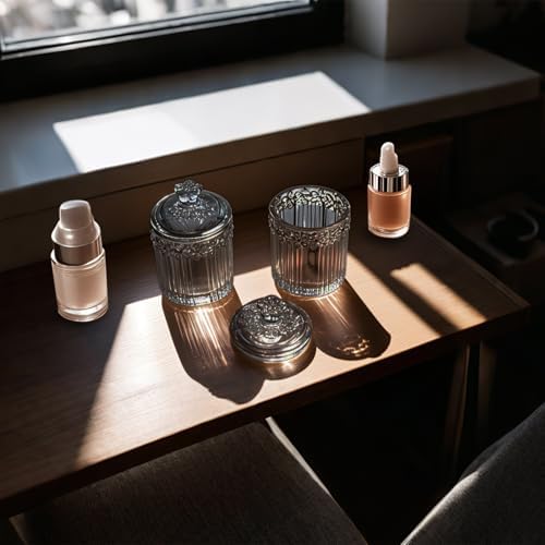 2 Pack Qtip Holder Thick Glass Apothecary Jars with Lid for Bathroom, Cotton Swab and Round Organizer, Vanity Storage Canisters for Makeup Pads, Floss (Gray)