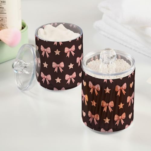 Gredecor 2 Pack Qtip Holder Clear Pink Bows and Stars Fashion Apothecary Jars with Lids Acrylic Bathroom Jars Vanity Countertop Canister Storage Organizer for Cotton Ball,Swabs,Pads,Floss