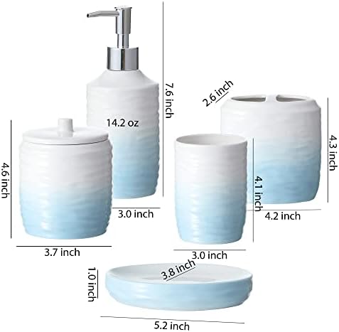 Bathroom Accessories Set, 5-Piece Ceramic Bath Accessory Complete Set with Lotion Dispenser/Soap Pump, Cotton Jar, Soap Dish, Tumbler and Toothbrush Holder (Blue and White Gradient)