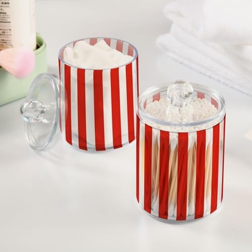 ALAZA Red White Striped 2 Pack Qtip Holder Dispenser for Cotton Swabs, Balls, Pads, Floss 10 oz Plastic Canister Organizer