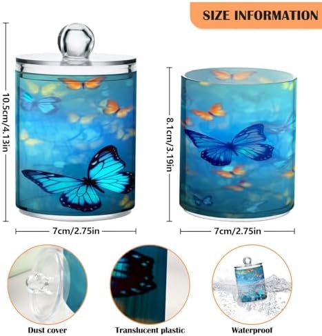 Blue Butterflies Qtip Holder 2 Pack - 10 Oz Clear Plastic Apothecary Jar Set for Bathroom Organization - Versatile Canister Storage for Cotton Balls, Swabs, Rounds