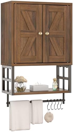 Bathroom Wall Cabinet, Farmhouse Medicine Storage with Towel Bar, Walnut