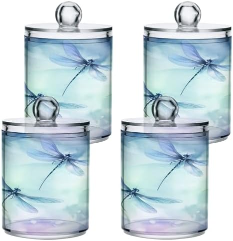 4 Pack Apothecary Jars Bathroom Watercolor Dragonflies Qtip Holder Dispenser Clear Plastic Storage Canister Jar with Lid for Cotton Ball, Cotton Swab