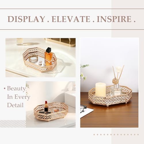 Hipiwe Gold Vanity Perfume Tray for Dresser, Glass & Hollow Carved Metal