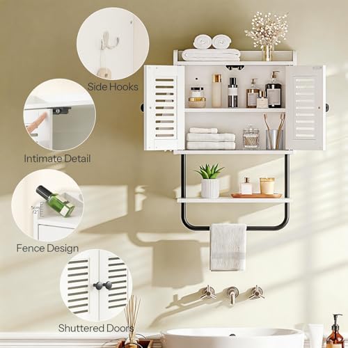 HOOBRO Medicine Cabinet, Double Doors Bathroom Wall Cabinet with Towel Bar, Adjustable Shelf, 2 Hooks, Over The Toilet Storage Cabinet, for Bedroom, Kitchen, White BW46CW01