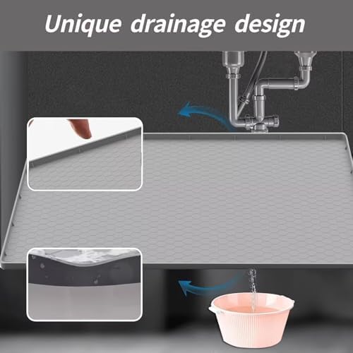 Under Kitchen Sink Mat 25" x 19", SAZTEAY Waterproof Silicone Under Sink Tray, Under Sink Protector Mat for Bathroom and Kitchen Cabinets(Grey)