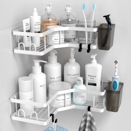 AKTECKE Shower Caddy Corner Organizer Shelf: 2Pack Adhesive Shower Essentials Accessories - No-Drilling Stainless Steel Bathroom Storage Rack with Hooks