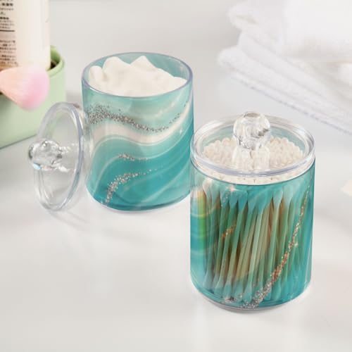 MNSRUU 2 Pack Qtip Holder Organizer Dispenser Blue Teal Marble Bathroom Storage Canister Cotton Ball Holder Bathroom Containers for Cotton Swabs/Pads/Floss