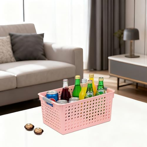 Soddeph 4 Pack Plastic Deep Storage Basket with Handles, Cubbies Organizer Bins with Hollow Design for Under Counter, Closet, Kitchen or Bathroom 12.3" × 8.7" × 6.9"(Pink, Medium)