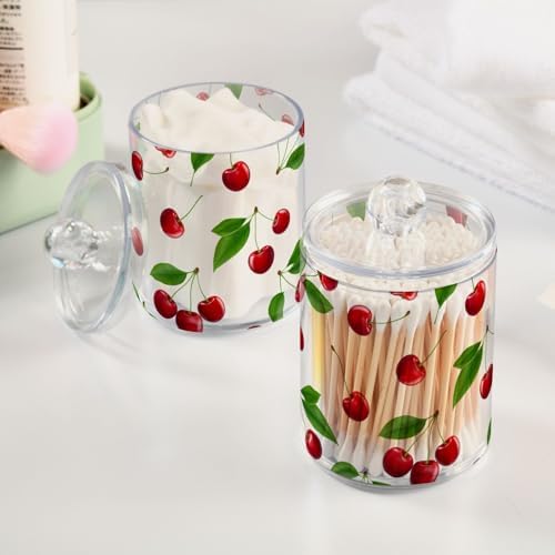 DOMIKING Cherry Leaves White 2 Pack Cotton Swab Holder Dispenser Plastic Jar Bathroom Storage Canister Acrylic Containers for Cotton Swab Round Pads Ball