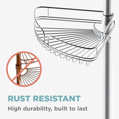 Zenna Home Tension Pole Shower Caddy Corner Organizer, Adjustable Standing Shower Caddy with 4 Baskets and Built in Towel Bar, Rust Resistant Bathroom Tension Rod Organizer, 60 to 97 Inch, Chrome