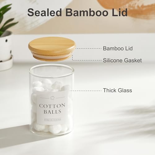 INIUNIK 2 Pack Qtip Holder Dispenser - Glass Apothecary Jars with Lids, Cotton Ball Pad Swab Round Holder, Bamboo Bathroom Accessories, Bathroom Organizers Containers Jars Canisters with Lids