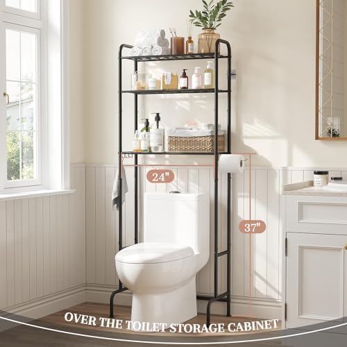 STDDRE 3-Tier Over The Toilet Storage Space Saver with Paper Holder Freestanding Rack Metal Bathroom Shelves with Hooks Above The Toilet Storage Shelf (Black, 3 Tier)