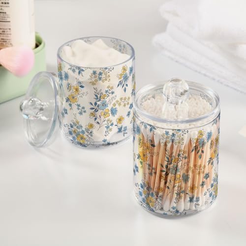2 Pack Apothecary Jars Bathroom Blue Yellow Floral Qtip Holder Dispenser Clear Plastic Storage Canister Jar with Lid for Cotton Ball, Cotton Swab