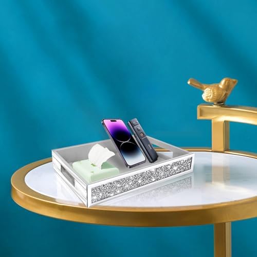 Wocred Mirror Perfume Tray fits Dresser Bedroom,Crushed Diamond Bathroom Tray with Handles，Vanity Tray,Decorative Serving Tray for Coffee Table Decor(14”x 10”x 2.5”)